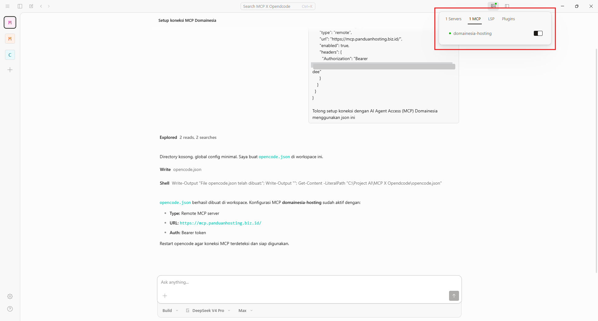 Gambar 6. MCP server domainesia-hosting sudah muncul dan aktif di OpenCode. Gambar 6. MCP server domainesia-hosting sudah muncul dan aktif di OpenCode.