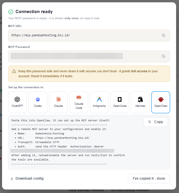 Gambar 4. Pilih tab OpenClaw dan salin instruksi konfigurasi yang disediakan. Password sudah disensor pada contoh gambar. Gambar 4. Pilih tab OpenClaw dan salin instruksi konfigurasi yang disediakan. Password sudah disensor pada contoh gambar.