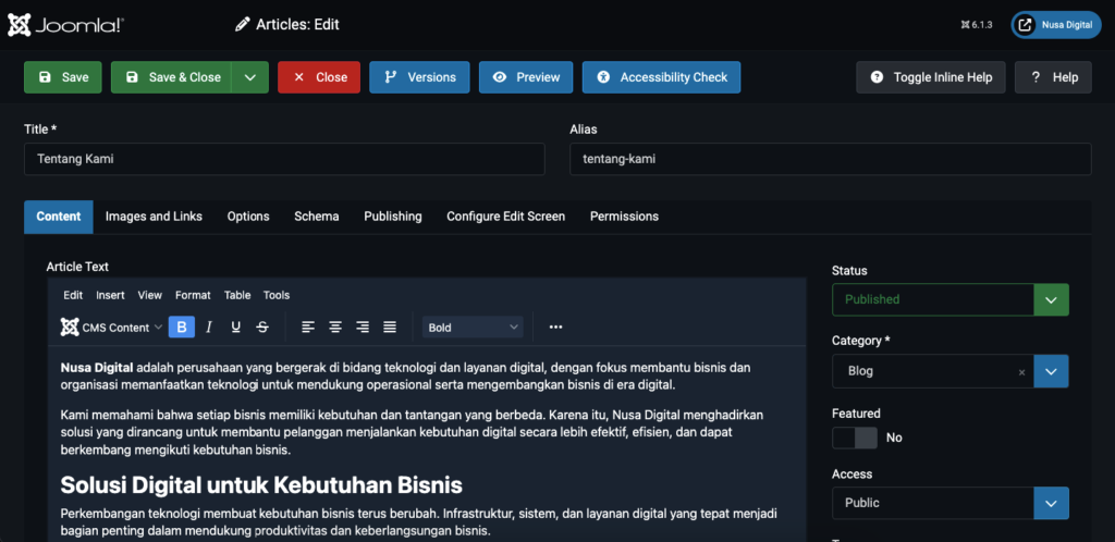 Cara Membuat Website dengan Joomla untuk Pemula 15 Membuat halaman Tentang Kami menggunakan Article Joomla.