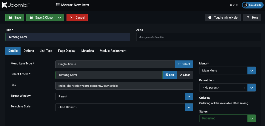 Cara Membuat Website dengan Joomla untuk Pemula 16 Membuat Menu Item Single Article pada Joomla.