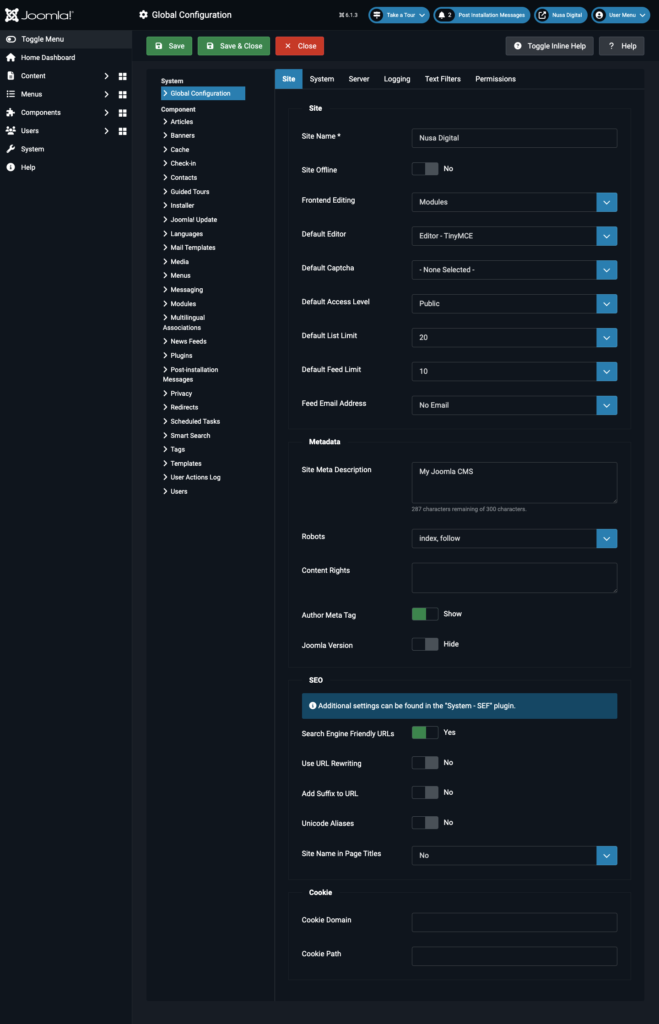 Cara Membuat Website dengan Joomla untuk Pemula 13 Menu Global Configuration di Joomla Administrator.